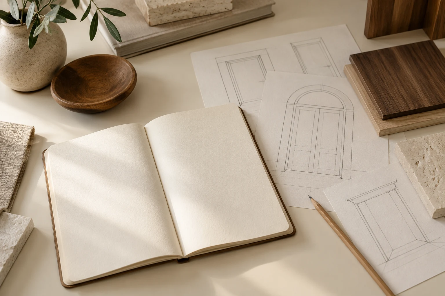 A blank notebook, abstract door sketches and wood samples; a fictional editorial illustration.