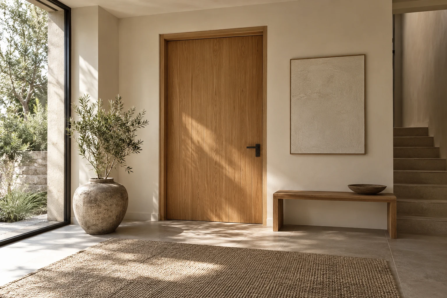A fictional modern entryway with a warm timber door and soft daylight.